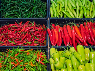Chili bell pepper fresh vegetable colorful ingredient in supermarket