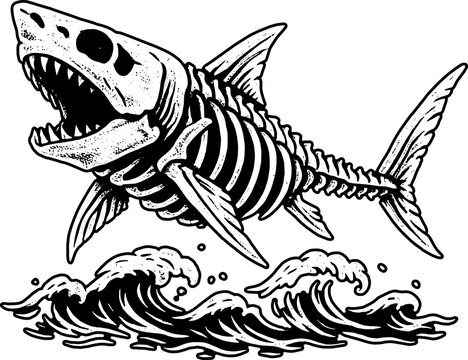 Shark Skeleton Rises: Vector illustration of a shark skeleton emerging from stylized waves, embodying a sense of ancient mystery and marine life.