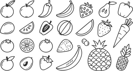 Fototapeta premium Fruit berry vegetable food line icon vector set. minimalist vector illustration featuring a large collection of outlined fruits and vegetables. 
