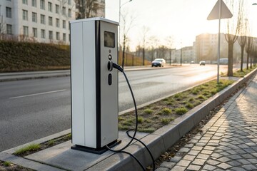 ev charger mockup with electric vehicle charging unit and blank interface in urban daylight setting