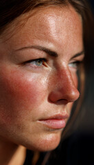 Obraz premium Close-up portrait of a young woman with striking features and natural beauty, showcasing her intense gaze and healthy skin texture, emphasizing emotional depth and character