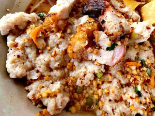 Thai Dry Noodles with Pork and Crushed Peanuts Close-up