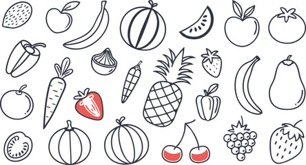 Fototapeta premium Fruit berry vegetable food line icon vector set. minimalist vector illustration featuring a large collection of outlined fruits and vegetables. 