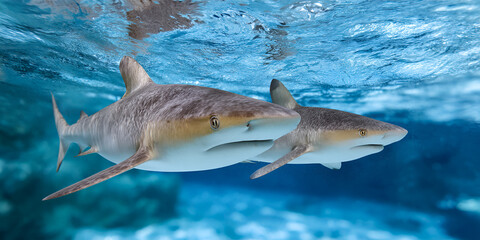 Fototapeta premium Two sharks swimming gracefully underwater, showcasing their streamlined bodies and fins, surrounded by shimmering blue ocean water and soft light filtering through the surface