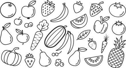 Fototapeta premium Fruit berry vegetable food line icon vector set. minimalist vector illustration featuring a large collection of outlined fruits and vegetables. 