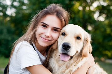 Young woman with long hair embraces a golden retriever dog outdoors, showcasing a joyful bond between pet and owner in a natural green setting, highlighting companionship and affection