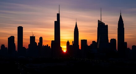 Obraz premium Modern City Skyline at Sunset – Urban Silhouette with Colorful Sky 