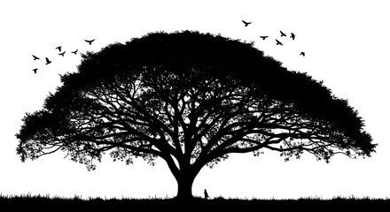 Majestic African Tree Silhouette with Birds – Minimalist Nature Art
