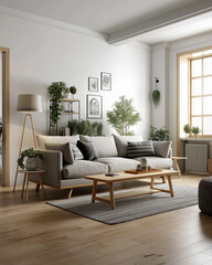 Minimal living room with neutral colors and indoor plants