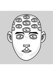 illustration of a head with nine eyes