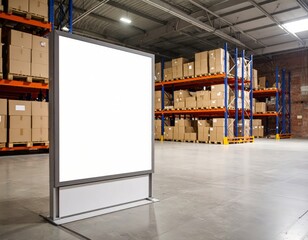 Blank billboard stands ready for advertising in a warehouse with stocked shelves
