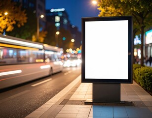 Blank billboard stands ready on a city sidewalk at dusk bus blurs by