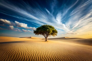 Serene desert scene with a lone tree and picturesque clouds