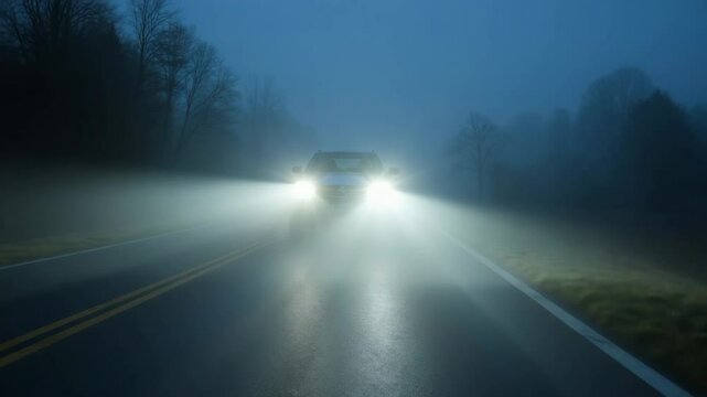 Car headlights illuminating foggy road during night drive  