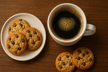 Classic Chocolate Chip Cookies and Black Coffee on Wooden Table