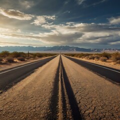 Fototapeta premium Desert Road Leading into Distant Mountains under a Dramatic Sky
