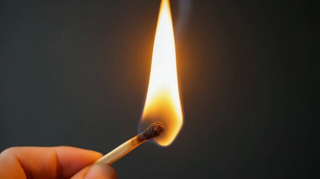 Hand holding matchstick with flame in dark background  