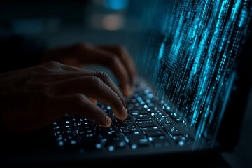Digital Command Center: A close-up shot of a person's hands typing on a laptop keyboard, with digital code cascading across the screen.