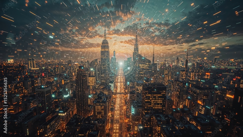 Aufkleber exploring the integration of blockchain technology in healthcare within a vibrant urban skyline