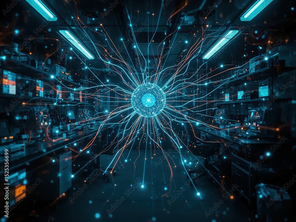 Aufkleber exploring the potential of blockchain technology in a surreal healthcare laboratory