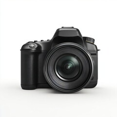 modern DSLR camera front view, product shot, white background