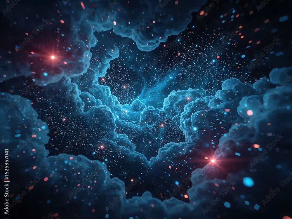 Poster exploring blockchain's role in healthcare with captivating cosmic visuals