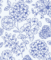 Vintage seamless floral pattern. Liberty style background of small golden orange flowers. Small flowers scattered over a white background. Stock vector for printing on surfaces. Realistic flowers.