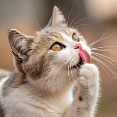 Close up of a cat with its tongue out licking its paw in a blurred outdoor setting looking upwards