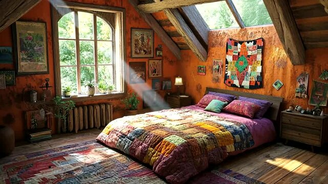 Rustic attic bedroom with patchwork quilt
