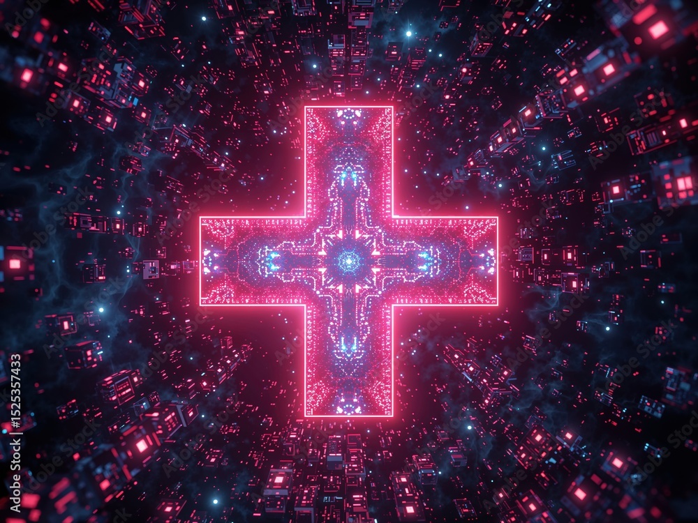 Poster exploring the fusion of blockchain technology and healthcare in a vibrant digital landscape