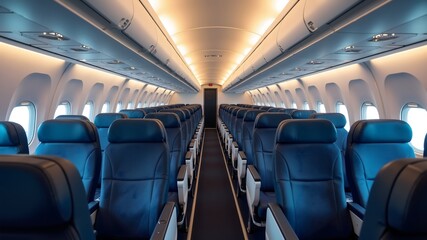 Airplane cabin and aisle with empty comfortable seats in economy class inside of plane			
