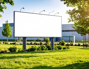 Blank billboard with lights on green lawn near industrial building on sunny day
