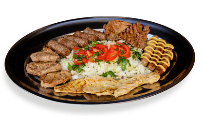 Traditional Grilled Meat Platter with Steak, Chicken, Sausages, and Fresh Salad on Stainless Steel Plate