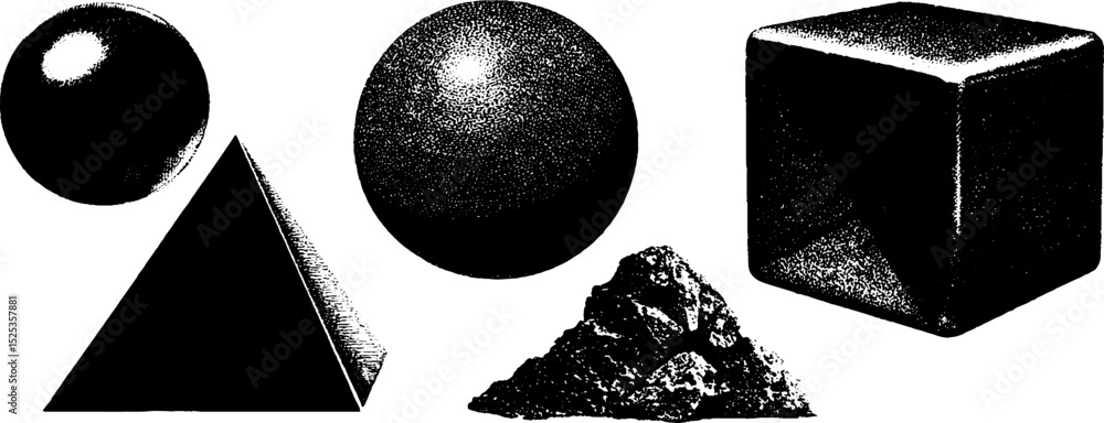 Poster abstract line art and stippling of geometric shapes and sphere set for artistic design