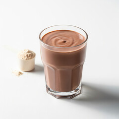 Healthy chocolate protein shake in a clear glass, styled with protein powder on the side over a clean white background