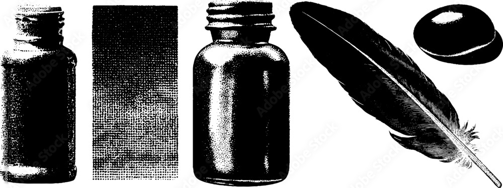 Poster minimalist engraving with stippling and halftone texture featuring ink bottles and feather quill art