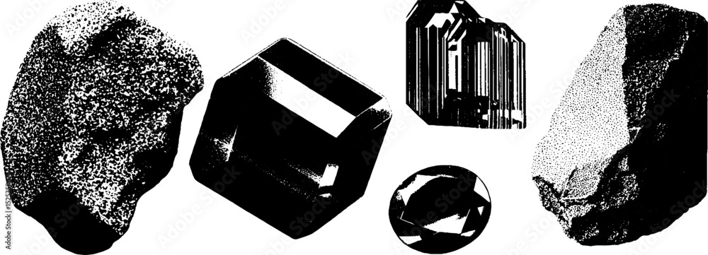 Poster minimalist engraving of geometric crystal forms with stippling and halftone textures for design