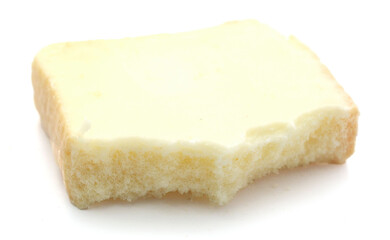 White bread croutons with salt on a white background