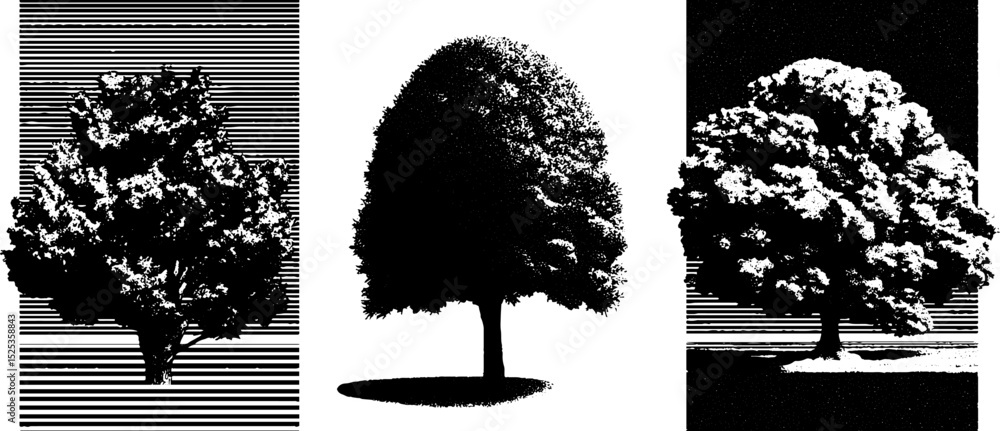 Poster minimalist tree designs with stippling and halftone texture for artistic projects