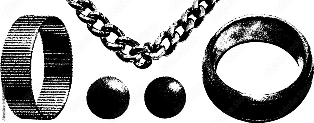 Poster minimalist engraving with stippling and halftone texture art featuring chains and shapes