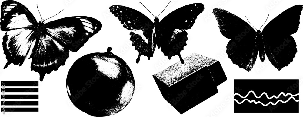 Poster minimalist butterfly and object composition with engraving and halftone texture