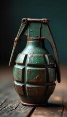 Close-up of a rusty, grenade, its pin pulled, symbolizing imminent danger and the threat of explosive violence The background is blurred, emphasizing the weapon , warfare, grenade