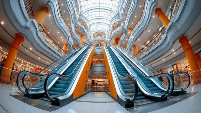 Retail Oasis: A breathtaking architectural perspective of a modern shopping mall interior, showcasing sleek escalators amidst open, light-filled spaces. A symphony of design and commerce.