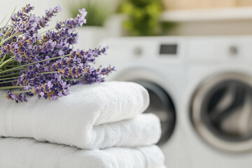 Serene laundry day with fresh towels and lavender Generative AI