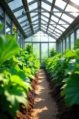 Vibrant green plants thriving in a modern greenhouse, sunlight streaming through the glass roof Ideal for agricultural, gardening, and environmental themes , sunlight, greenery, spring