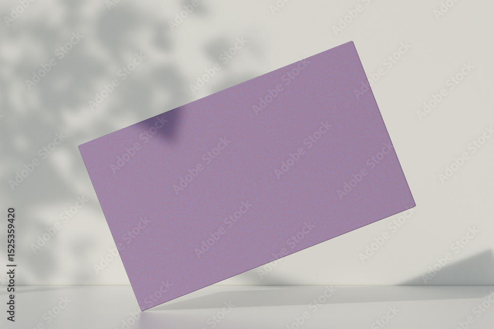 Poster purple business card mockup on white surface with shadow patterns. 3d rendering