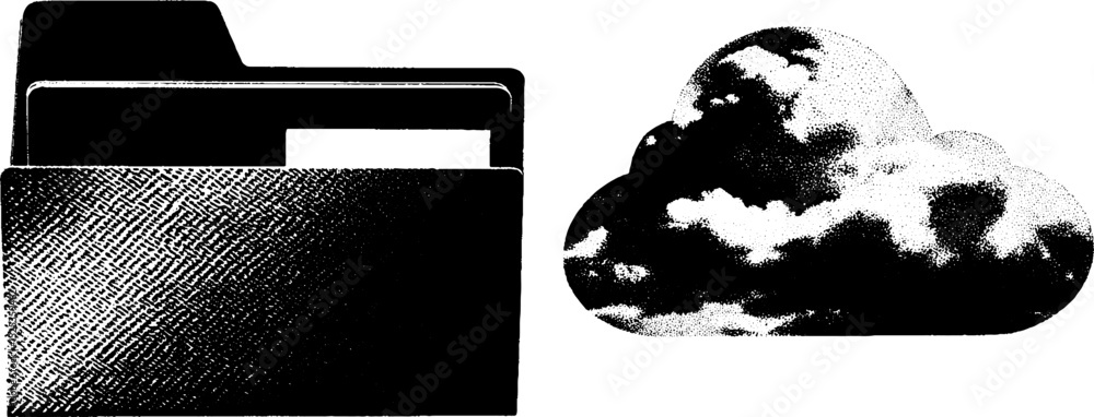 Poster minimalist cloud and folder design featuring engraving and stippling texture