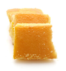 There was a small cake on a white background 
