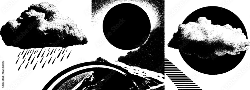 Aufkleber minimalist engraving art with stippling and halftone textures featuring clouds and eclipse