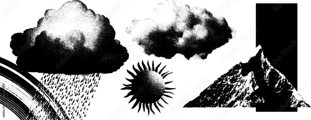 Poster minimalist engraving with stippling and halftone texture featuring weather elements and mountain sce